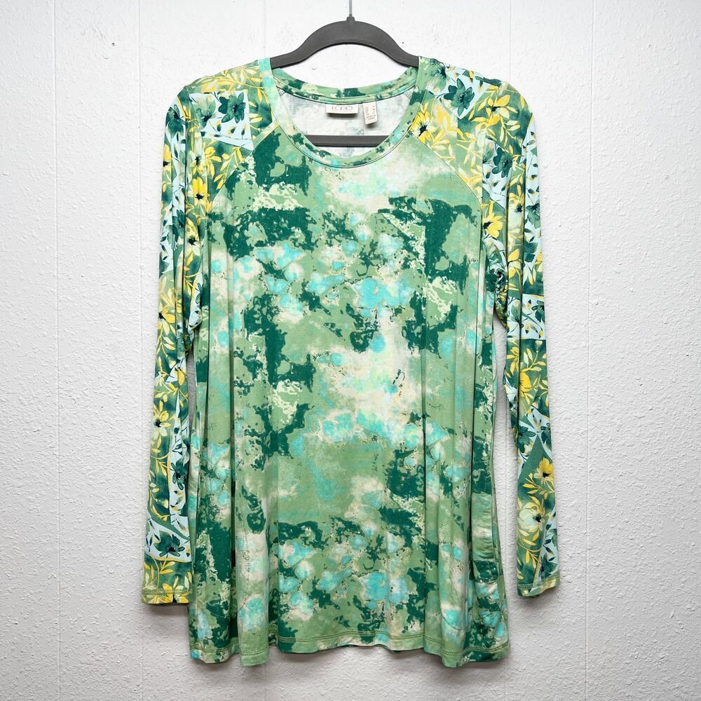LOGO Lori Goldstein Floral Green Top Women Medium Side Pockets Goblin Artsy Boho